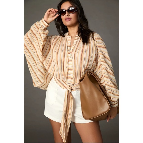 Anthropologie 💛 Balloon Sleeve Cropped Striped Tie Blouse 💛 NWT - Picture 4 of 12